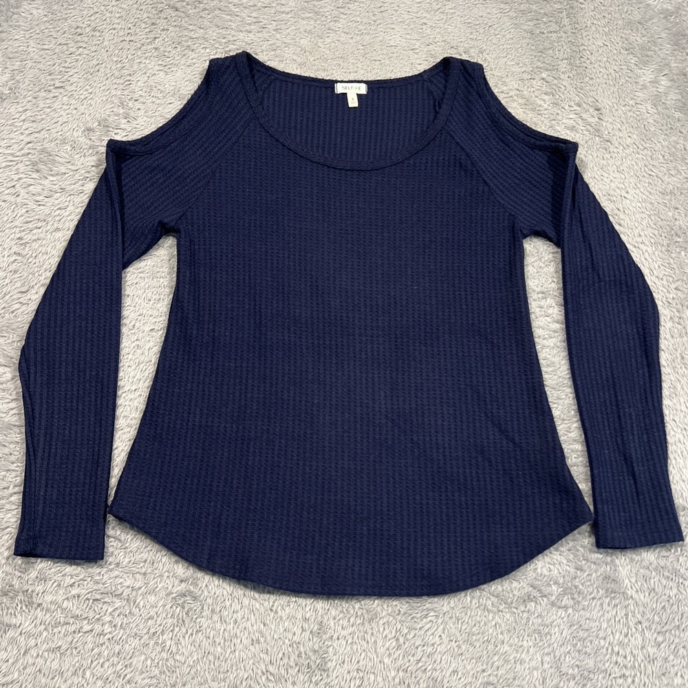 Self E Sweater Pullover Top Waffle Knit Blue Cold Shoulder Long Sleeve Women's S
